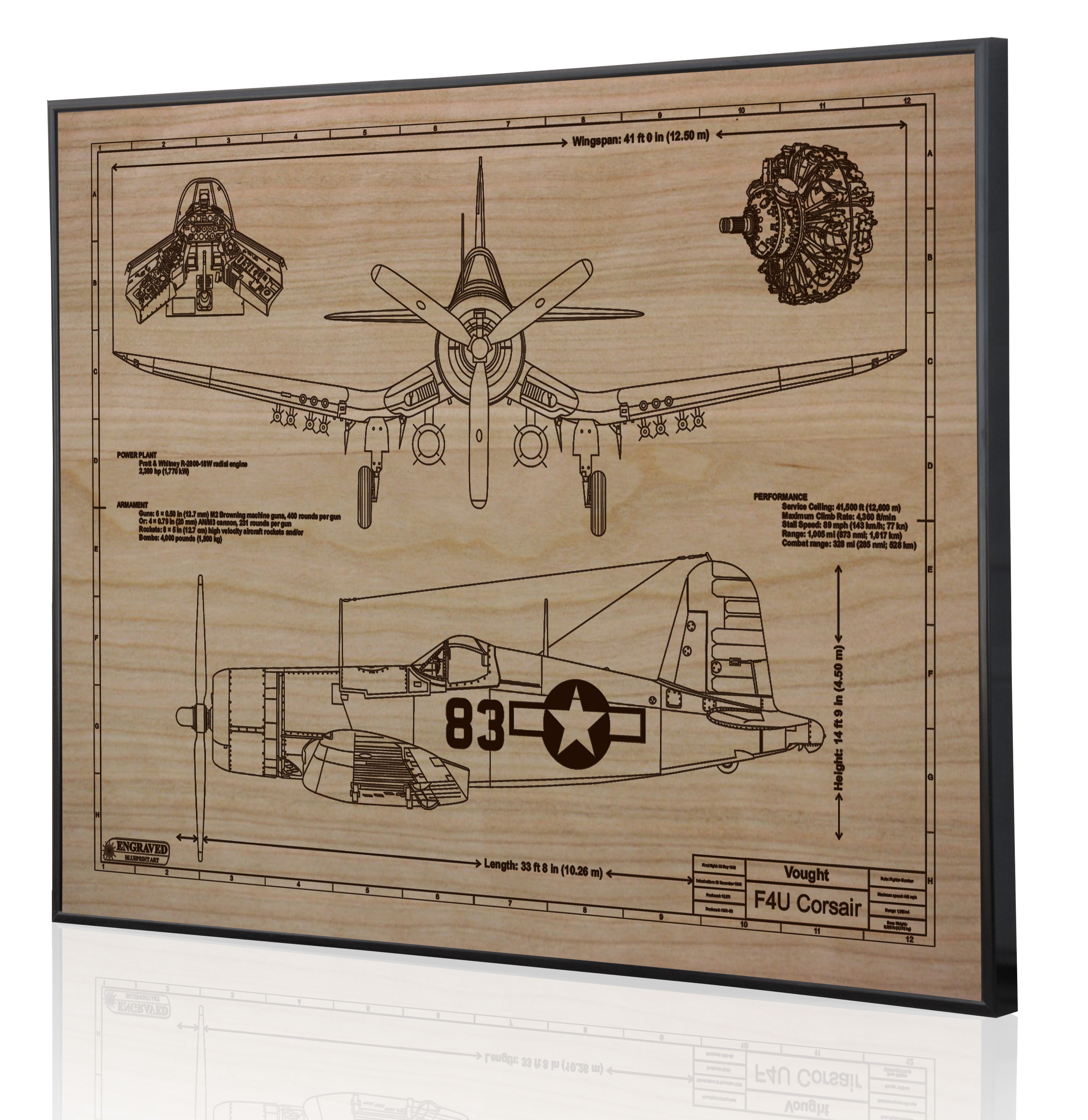 Laser Engraved Cherrywood Blueprint of a F4U